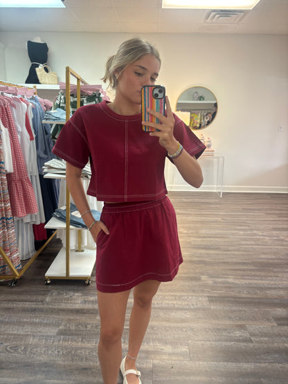 High Waisted Contrast Stitch Denim Skirt - Maroon
