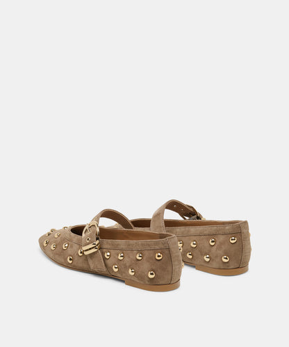 Mikel Stud Ballet Flat Shoe - Olive Suede