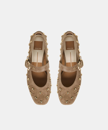 Mikel Stud Ballet Flat Shoe - Olive Suede