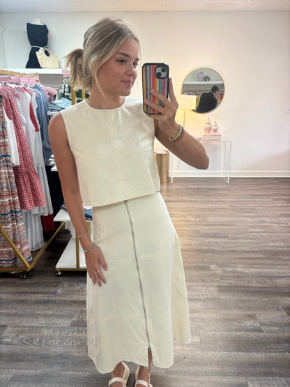 Front Zip Denim Midi Skirt - Oatmeal