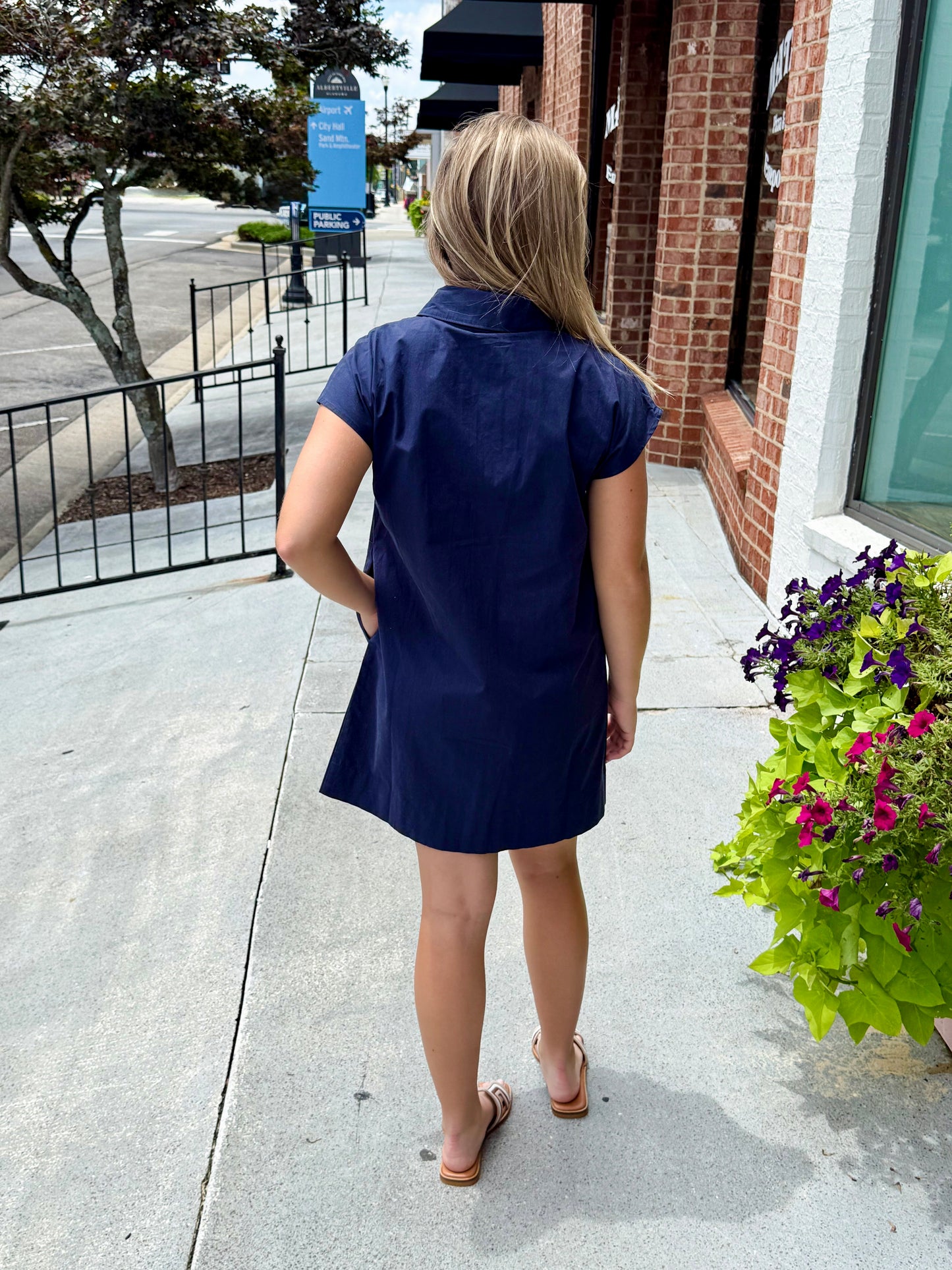 Button Down Collared Short Dress - Navy