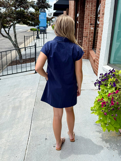 Button Down Collared Short Dress - Navy