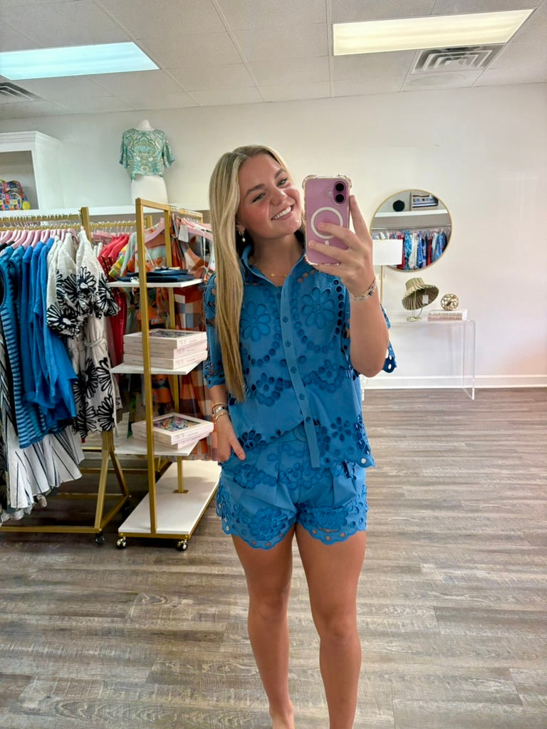 Kiana Embroidered Lace Shorts - Blue