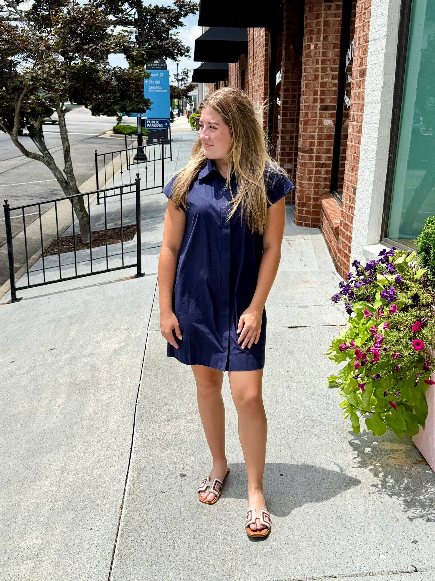 Button Down Collared Short Dress - Navy