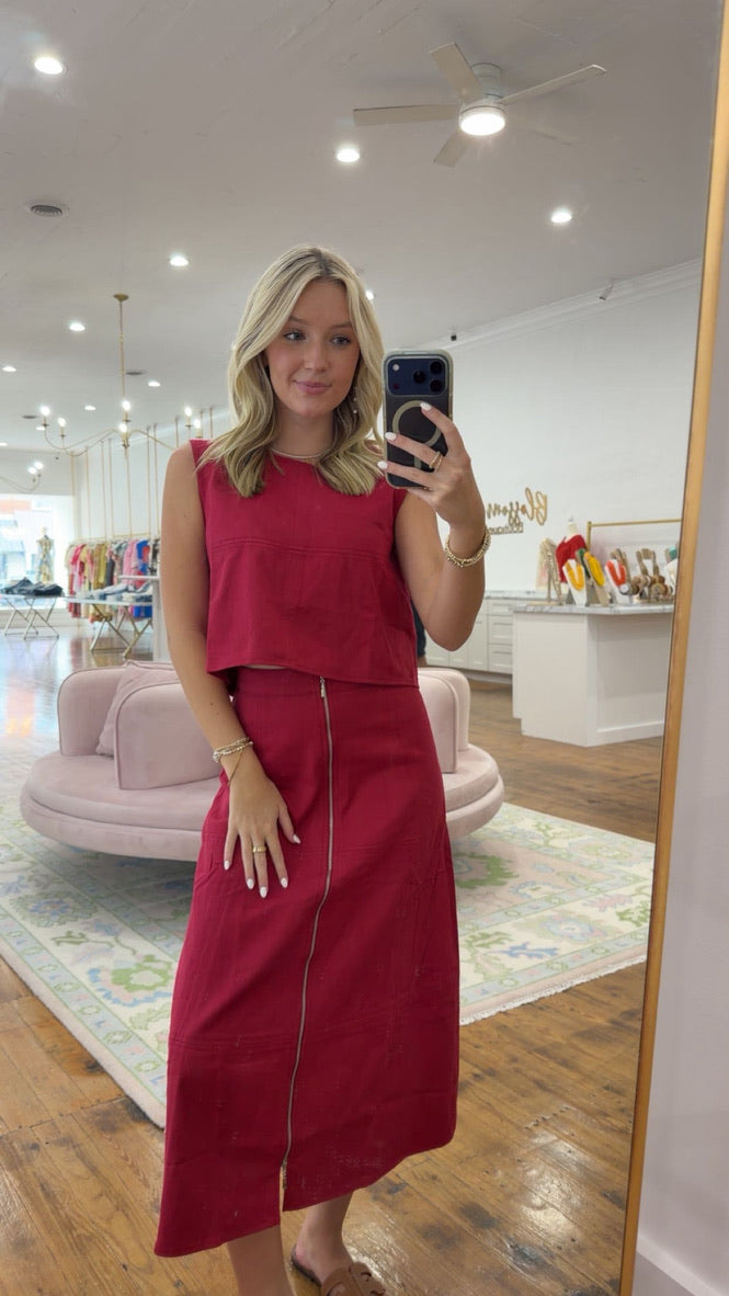 Front Zip Denim Midi Skirt - Crimson
