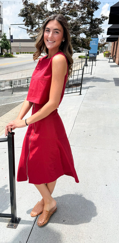 Front Zip Denim Midi Skirt - Crimson