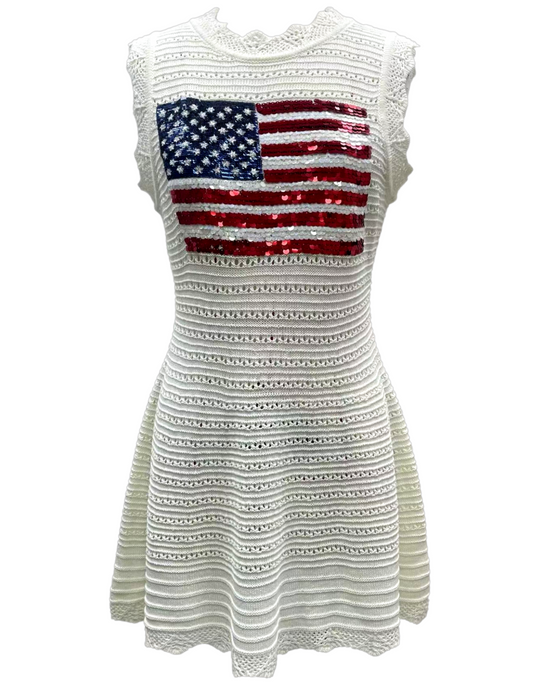 Queen of Sparkles White Lace Knit American Flag Tank Dress