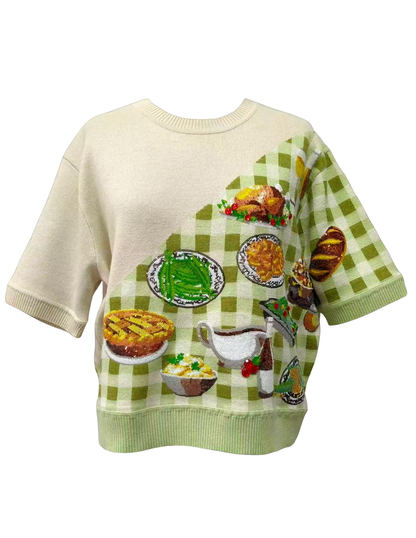 Queen of Sparkles Ivory & Green Gingham Colorblock Thanksgiving Meal Knit Top