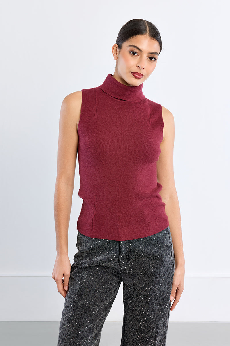Sleeveless Turtleneck Sweater - Dark Red