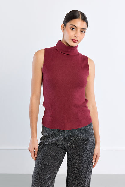 Sleeveless Turtleneck Sweater - Dark Red