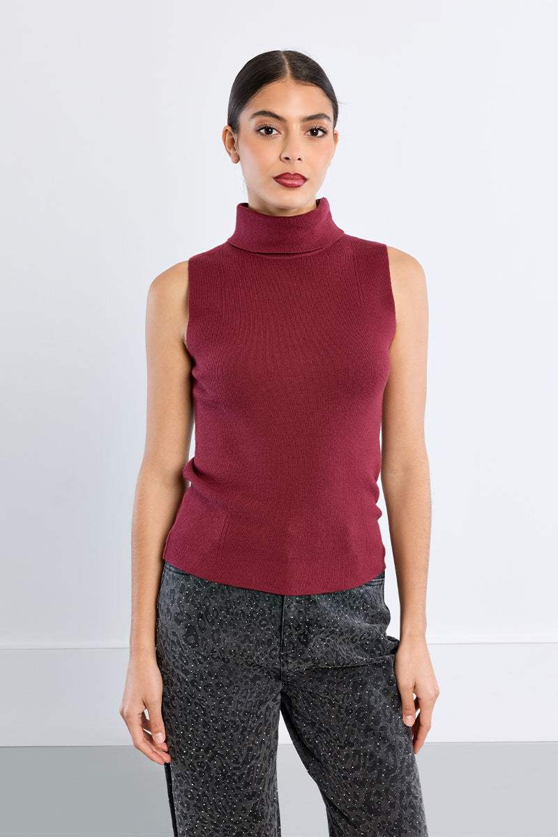 Sleeveless Turtleneck Sweater - Dark Red