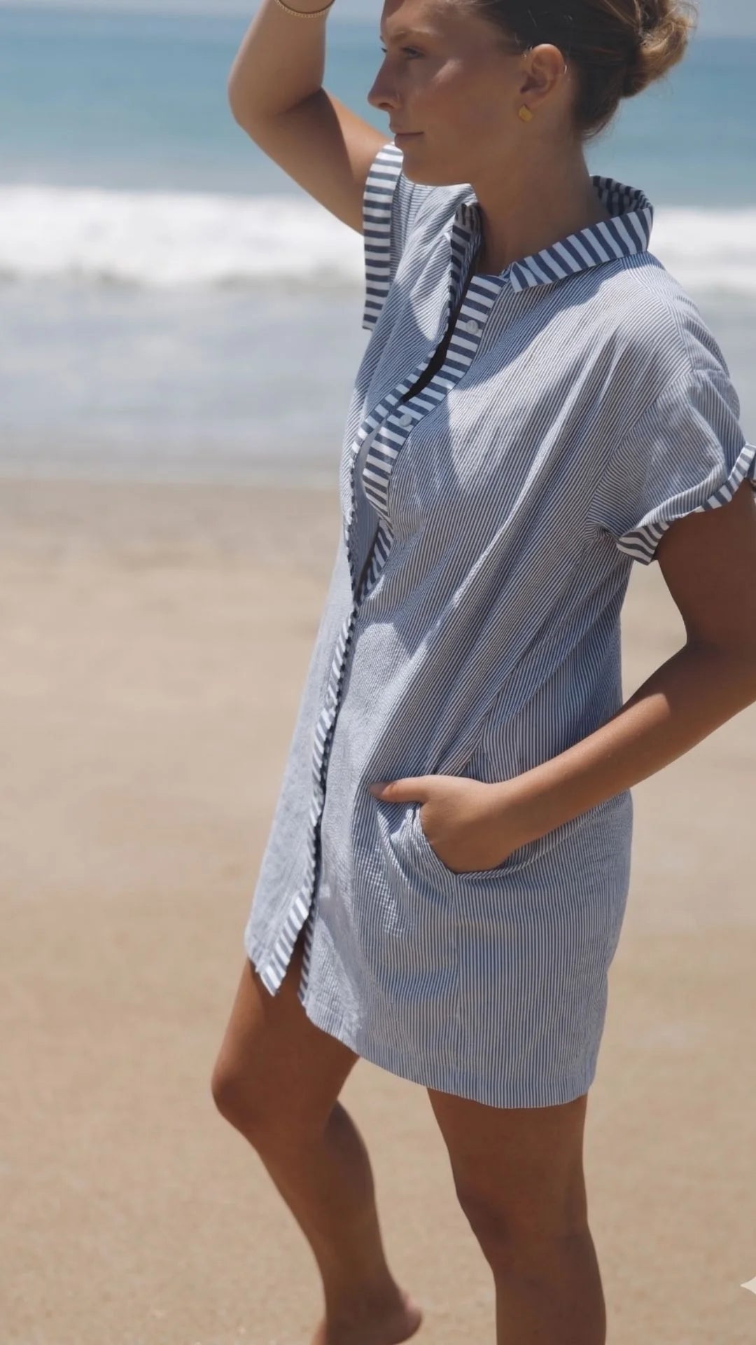 Riga Short Sleeve Short Dress - Navy Stripes