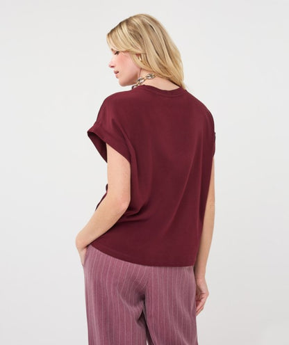 Roll Up Sleeve Satin T-Shirt - Merlot