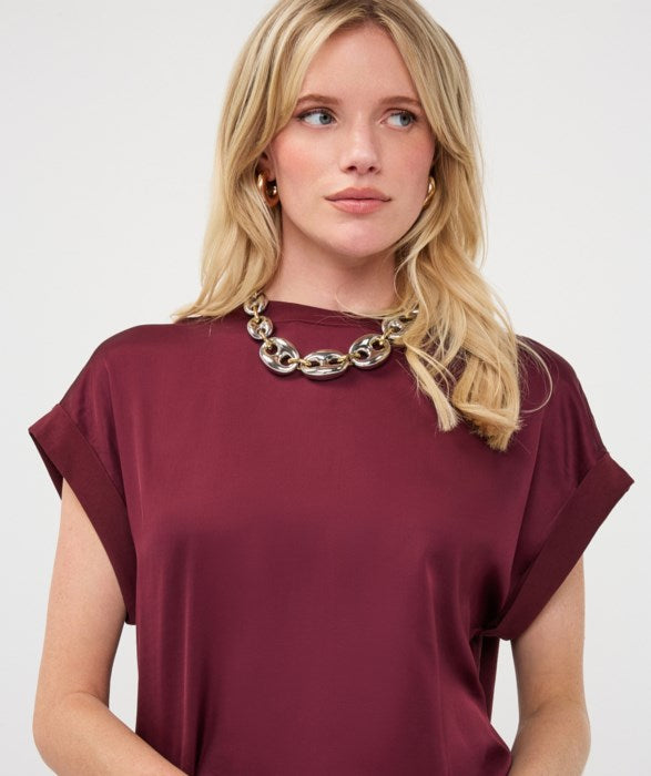 Roll Up Sleeve Satin T-Shirt - Merlot