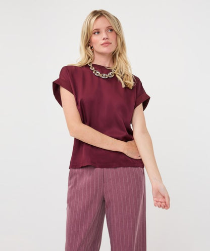 Roll Up Sleeve Satin T-Shirt - Merlot