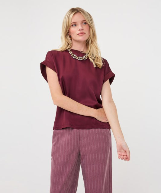 Roll Up Sleeve Satin T-Shirt - Merlot