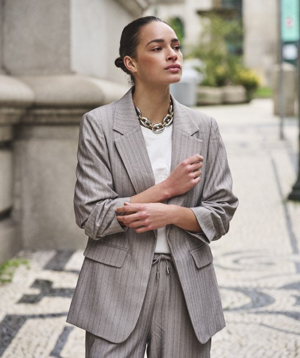 Herringbone 3/4 Sleeve Blazer - Light Grey