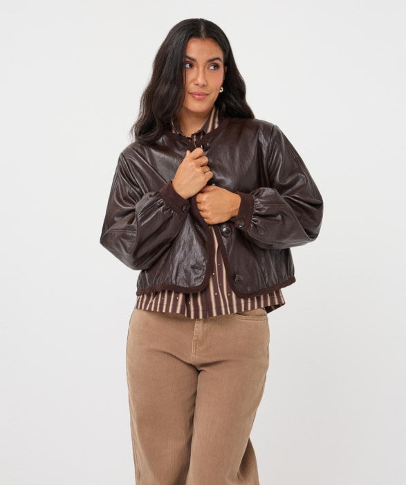 Crinkle Faux Leather Jacket - Cacao