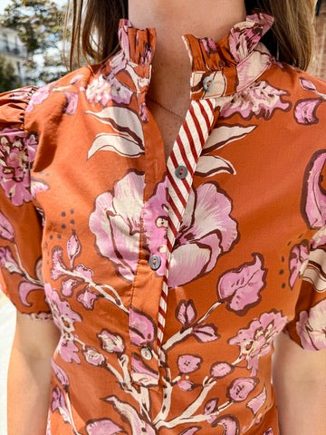 Floral Print Short Puff Sleeve Dress - Rust