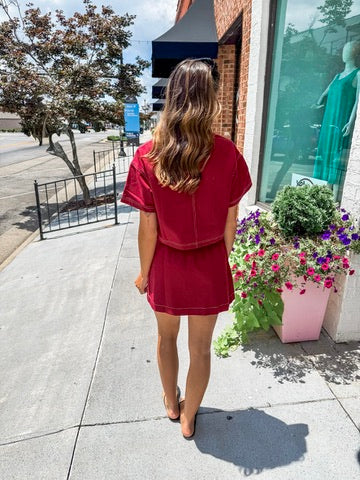 High Waisted Contrast Stitch Denim Skirt - Maroon