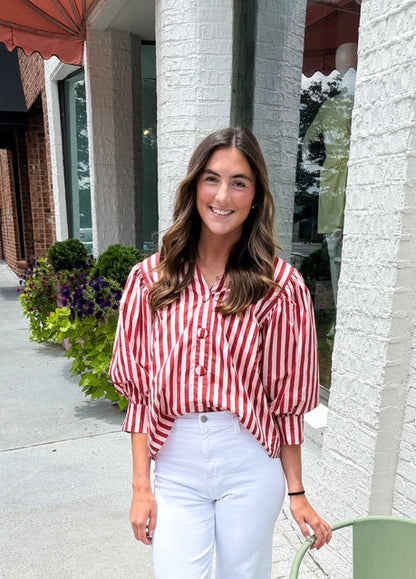 Stripe Bishop Sleeve Blouse - Pink/Wine