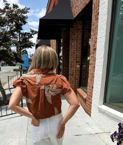 Renna Button Down Front Tie Shirt - Caramel