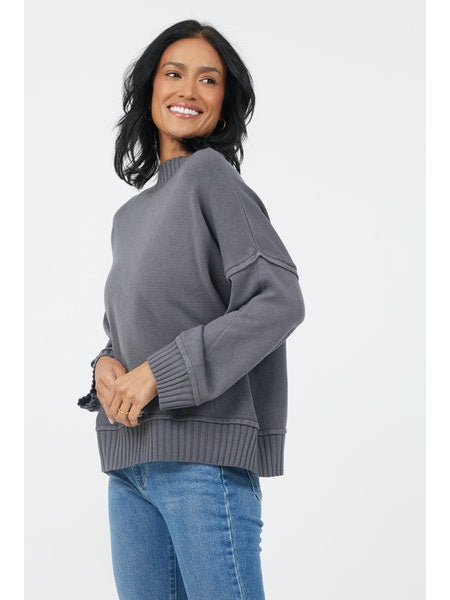 Florenza Turtle Neck Rib Detail Knit Sweater - Smoke Grey