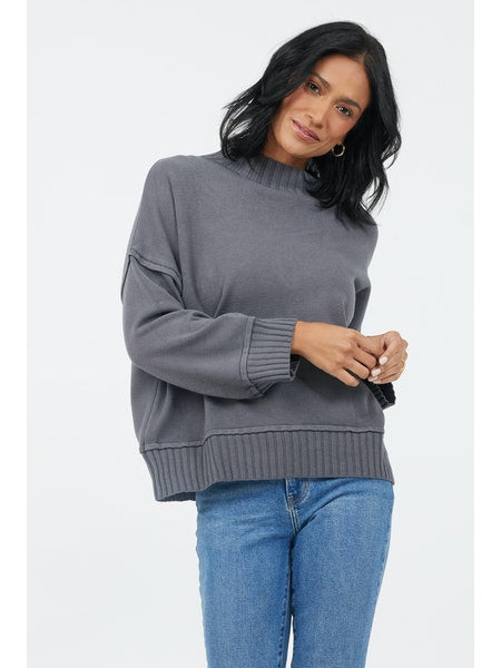 Florenza Turtle Neck Rib Detail Knit Sweater - Smoke Grey