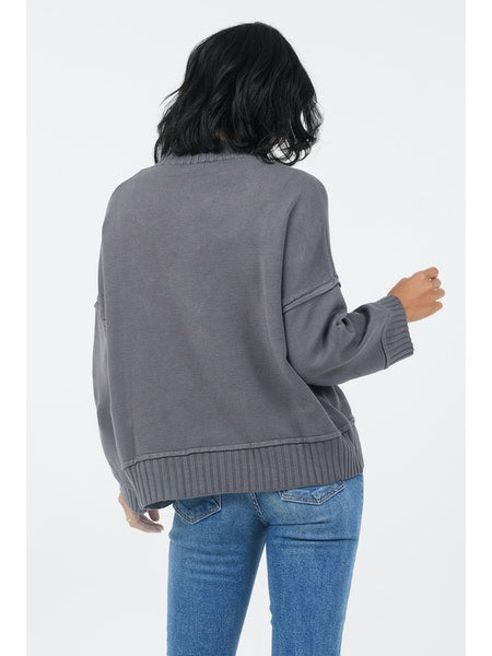 Florenza Turtle Neck Rib Detail Knit Sweater - Smoke Grey