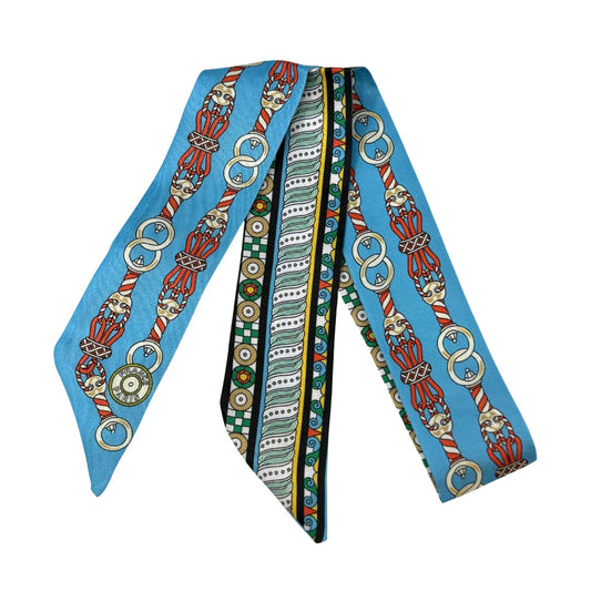 Spiraling Equestrian Motifs & Waves Twilly Scarf - Light Blue