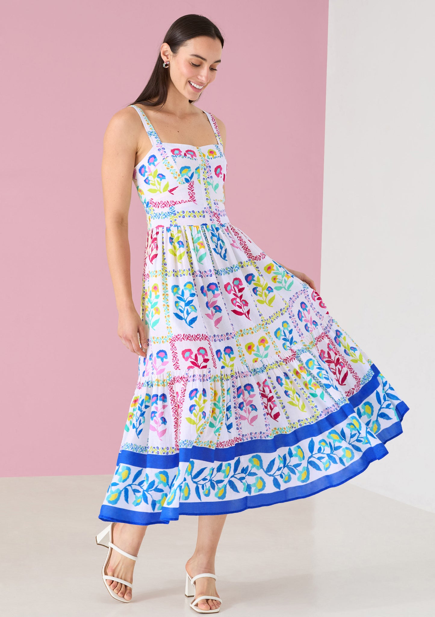 Gianna Dress - White Multi Floral Stamp