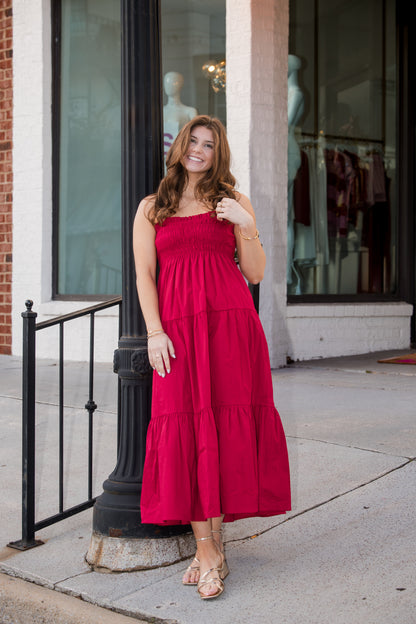 Gennie Smocked Tiered Midi Dress - Red