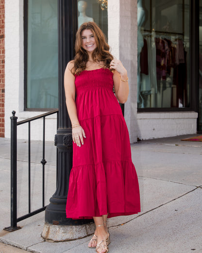 Gennie Smocked Tiered Midi Dress - Red
