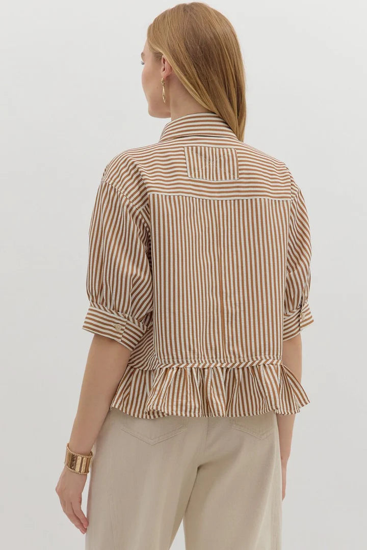 Stripe Ruffle Hem Top - Brown