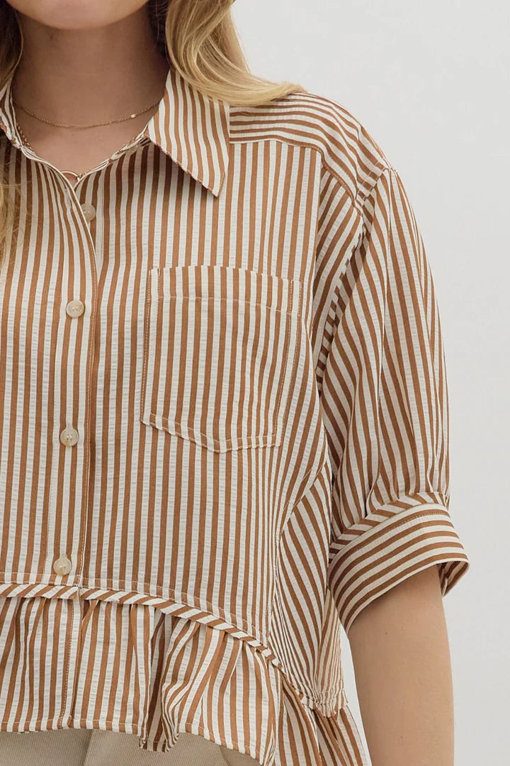 Stripe Ruffle Hem Top - Brown