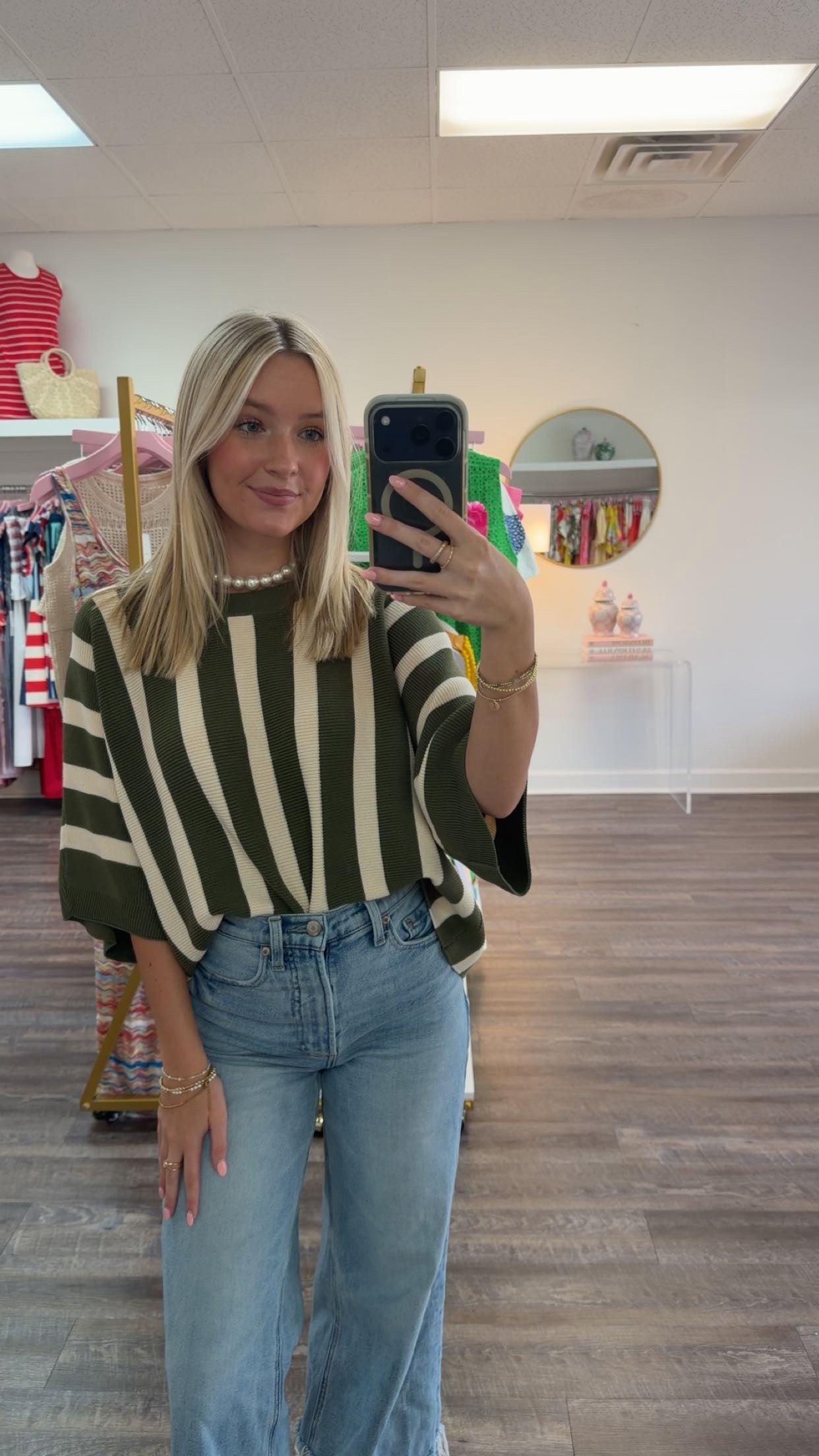 Striped Dolman Short Sleeve Top - Olive