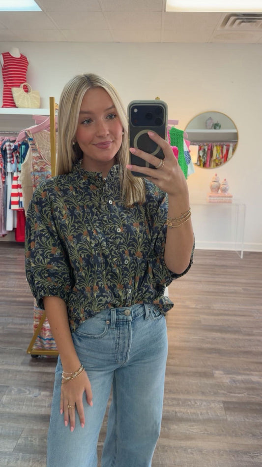 Fall Floral Top - Navy