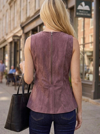 Sleeveless Plaid Peplum Top - Brown