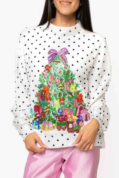 Queen of Sparkles White & Black Polka Dot Multi Christmas Tree Mockneck Sweatshirt