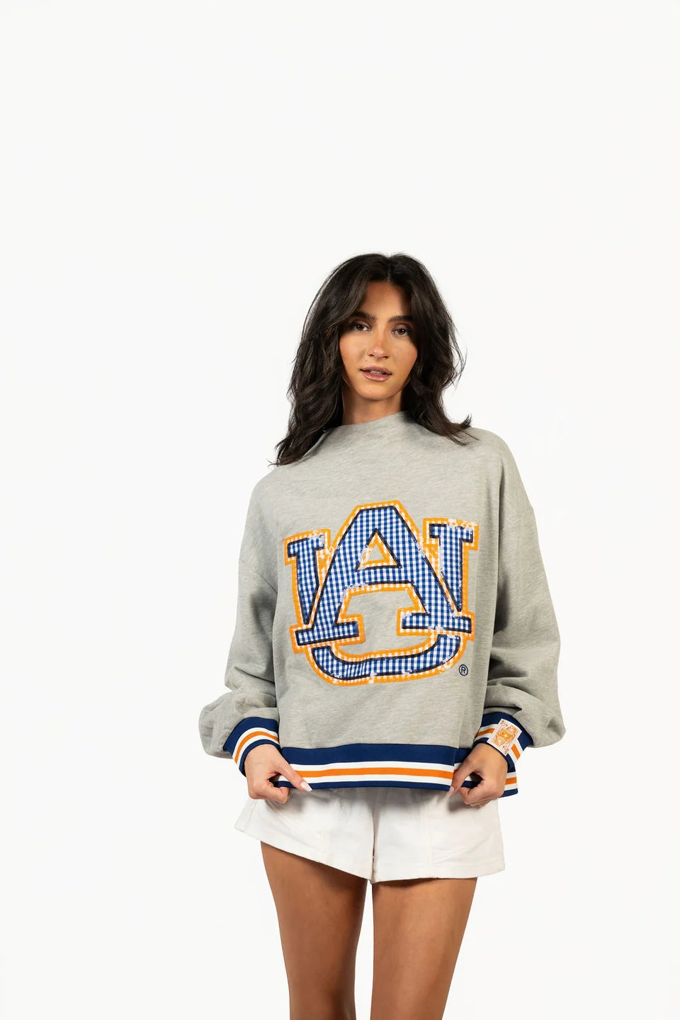 Queen of Sparkles Licensed Auburn Grey Gingham Mascot Mock Neck Sweatshirt