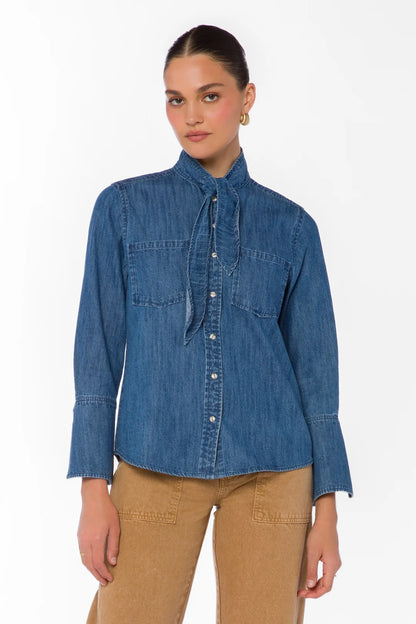 Joline Long Sleeve Denim Top - Tokyo Blue