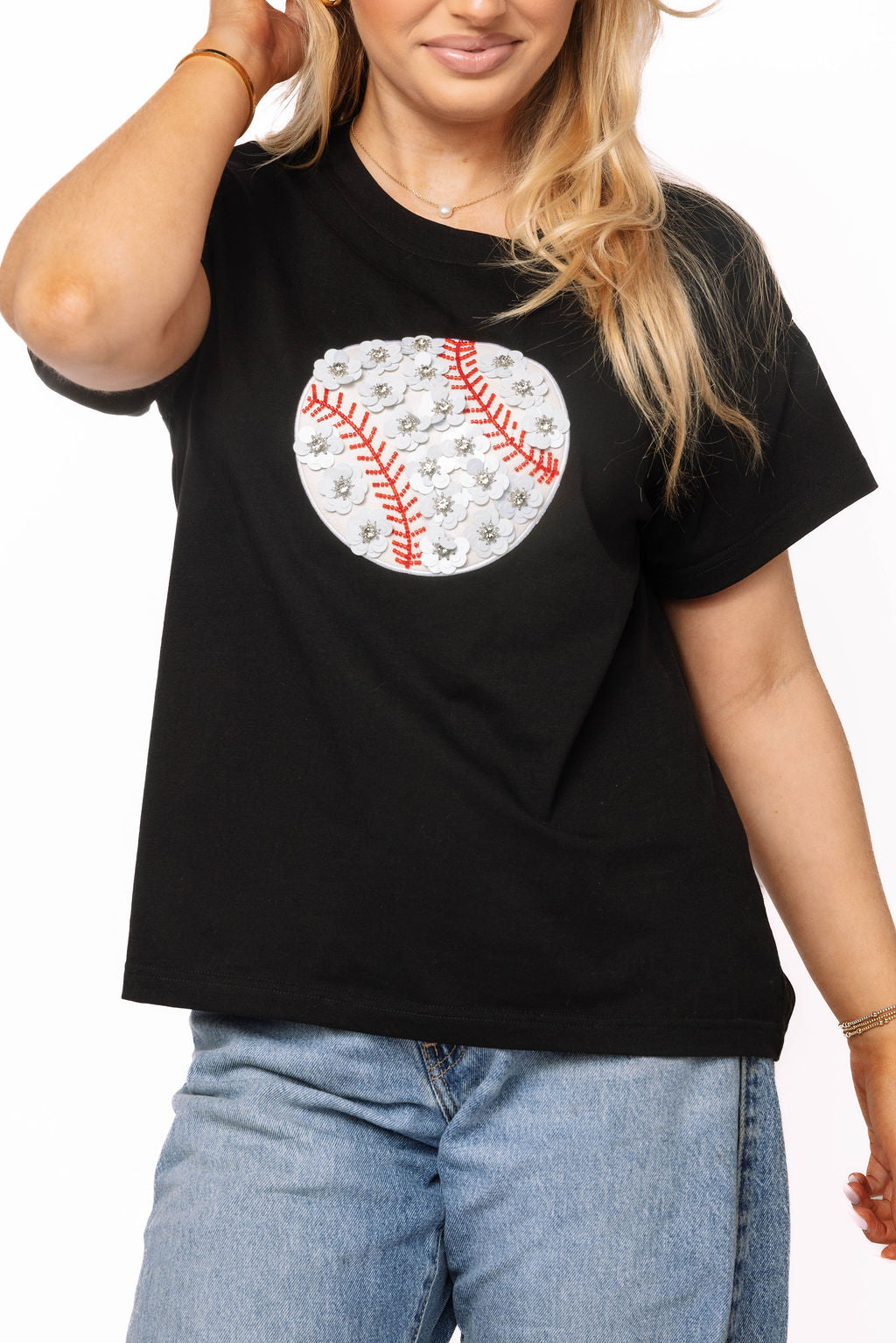 Queen of Sparkles Black Flower Baseball Tee Shirt