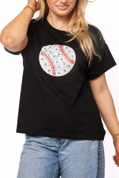 Queen of Sparkles Black Flower Baseball Tee Shirt