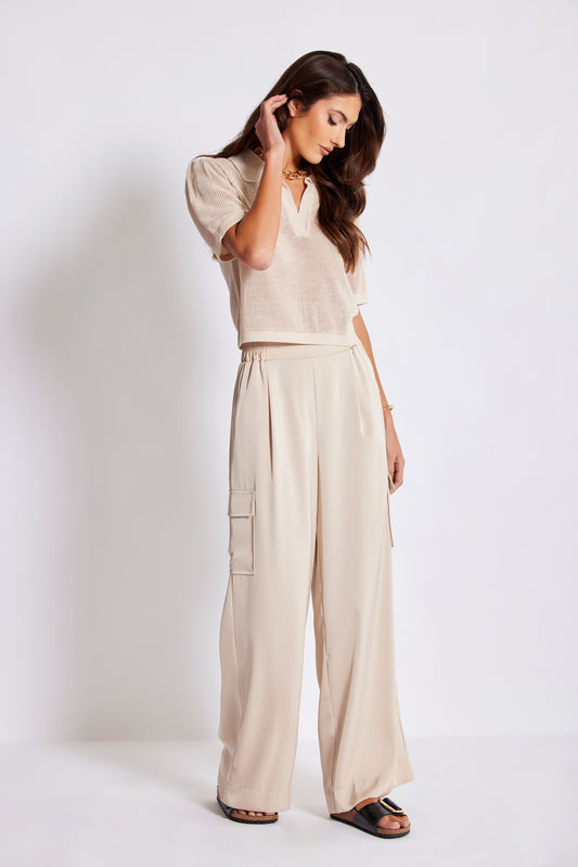 Pull On Satin Cargo Pant - Natural