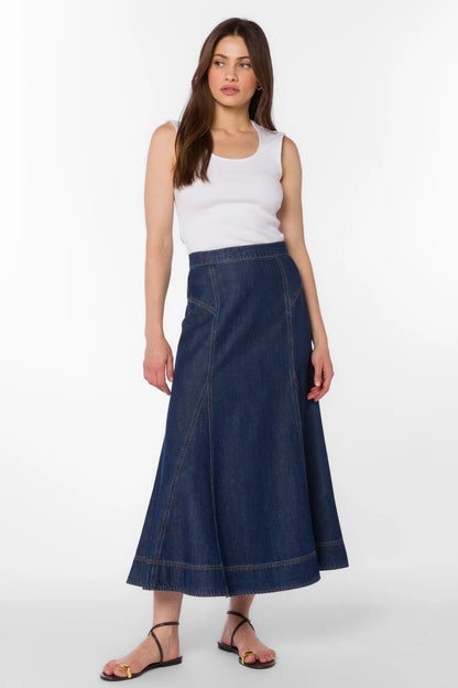 Krissa Denim Circle Midi Skirt - Deep Indigo