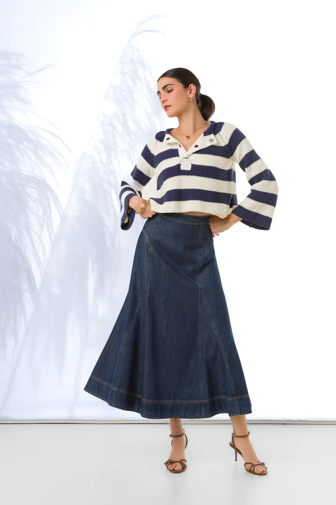 Krissa Denim Circle Midi Skirt - Deep Indigo