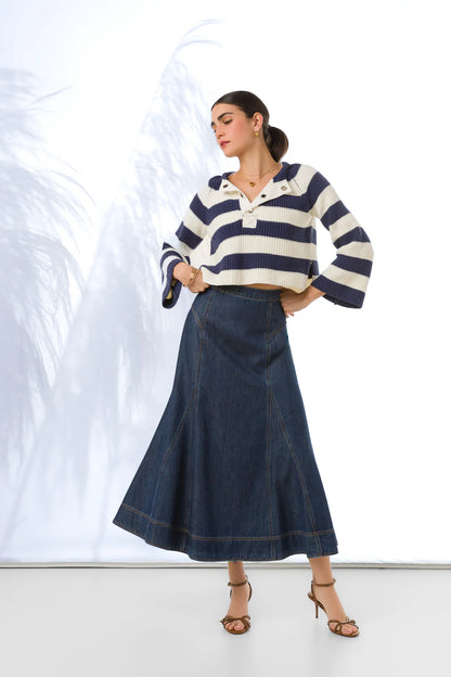 Krissa Denim Circle Midi Skirt - Deep Indigo
