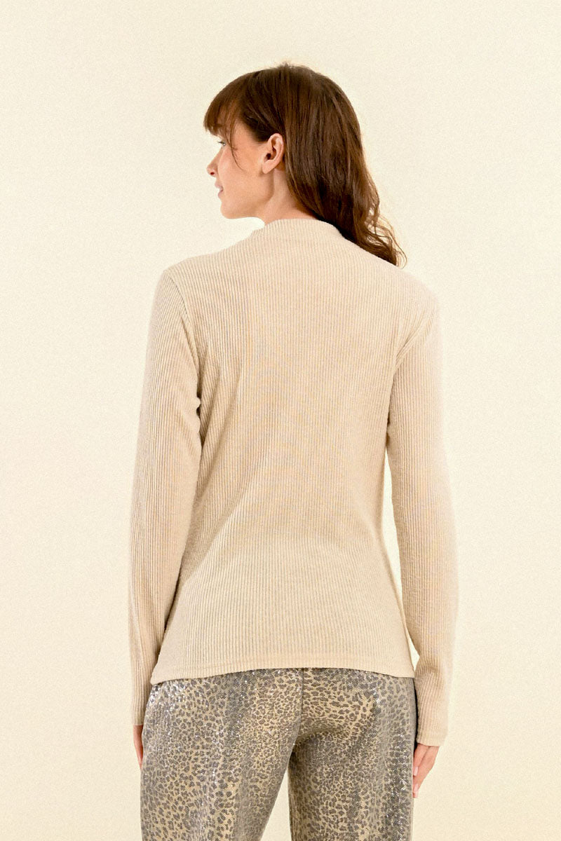 Long Sleeve Ribbed Sweater - Beige