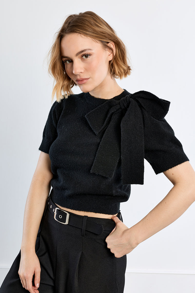 Margot Bow Short Sleeve Sweater - Black