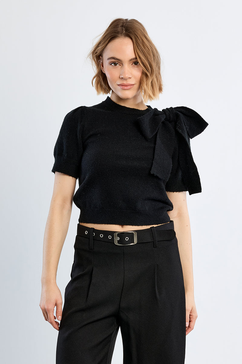 Margot Bow Short Sleeve Sweater - Black